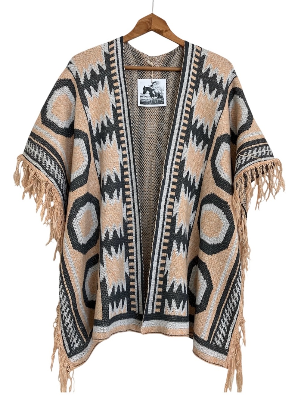 Western Poncho with Tribal Motif in Tan, Charcoal & Cream